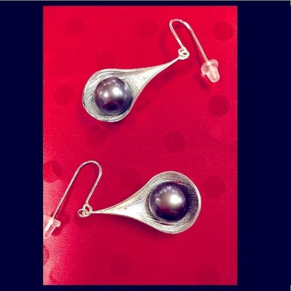 RCI Italy Signed Dark Blue Pearl Dangle Earrings Sterling Silver 925 - Picture 4 of 4